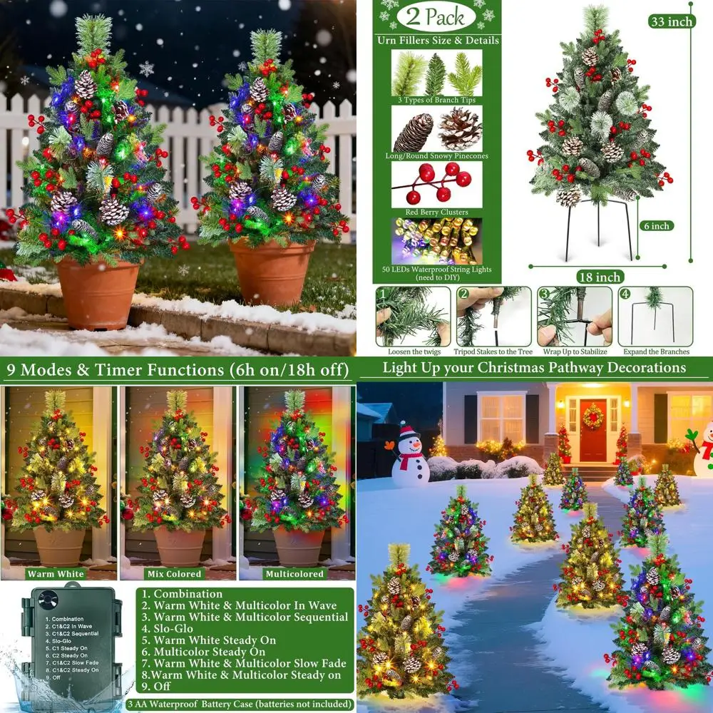 

Set of 2 33 Outdoor Christmas Trees with 50 LED Lights, 8 Modes, Timer, 230 Branches, Pinecones & Berries, Battery-Powered for Y
