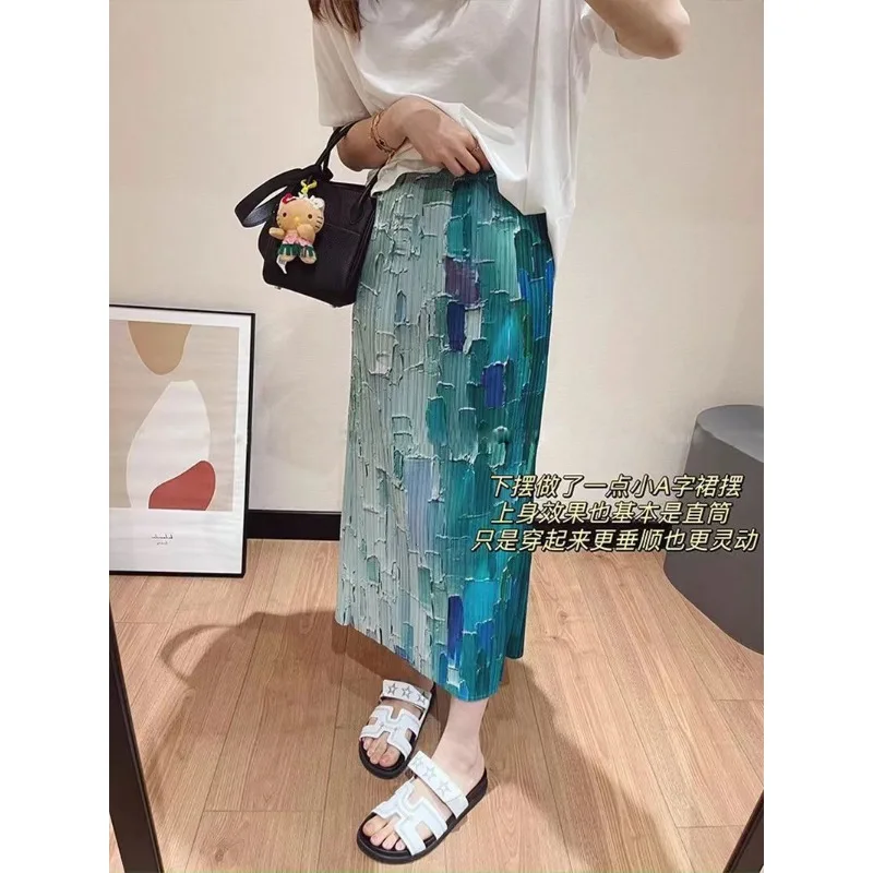 Summer Women's Skirt Slit Slimming Straight-leg Elastic Waistband High-waisted Fresh Printed Pleated New Arrival Fashionable Fit