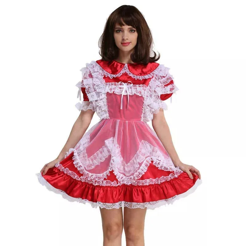 

Sexy sissy French maid red satin lockable lace ruffle dress maid cosplay costume customizable