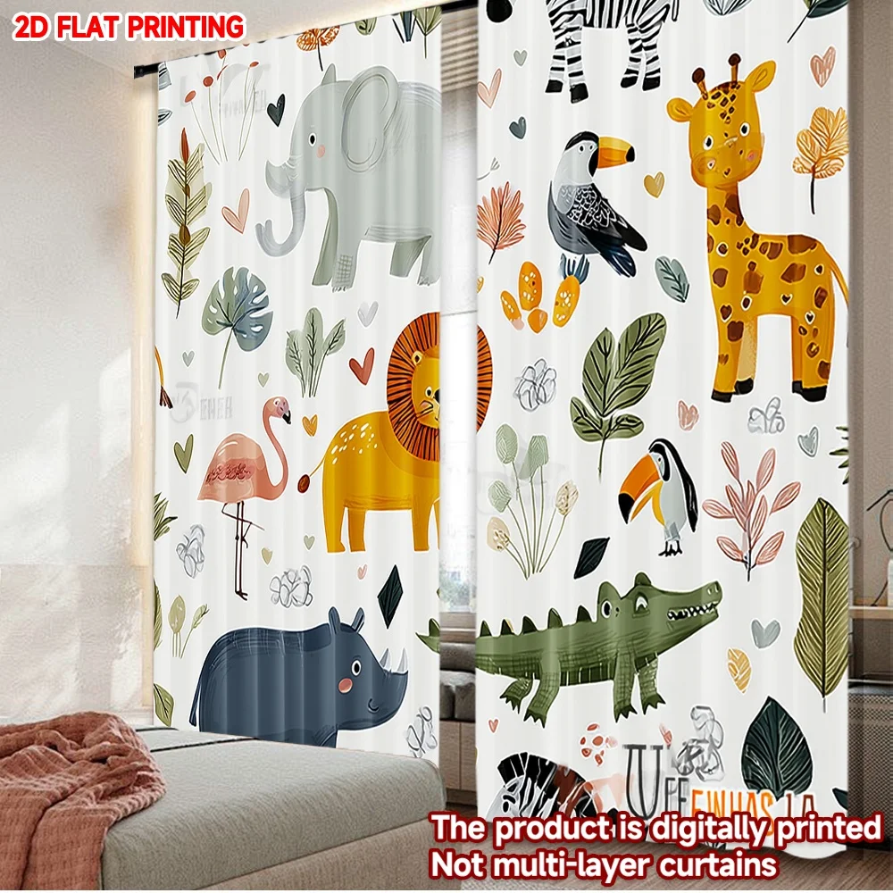 2pcs Cartoon Animal Curtains  Elephant Giraffe Lion Hippo Flamingo Toucan Crocodile with Leaves Hearts for Kids Room Decor
