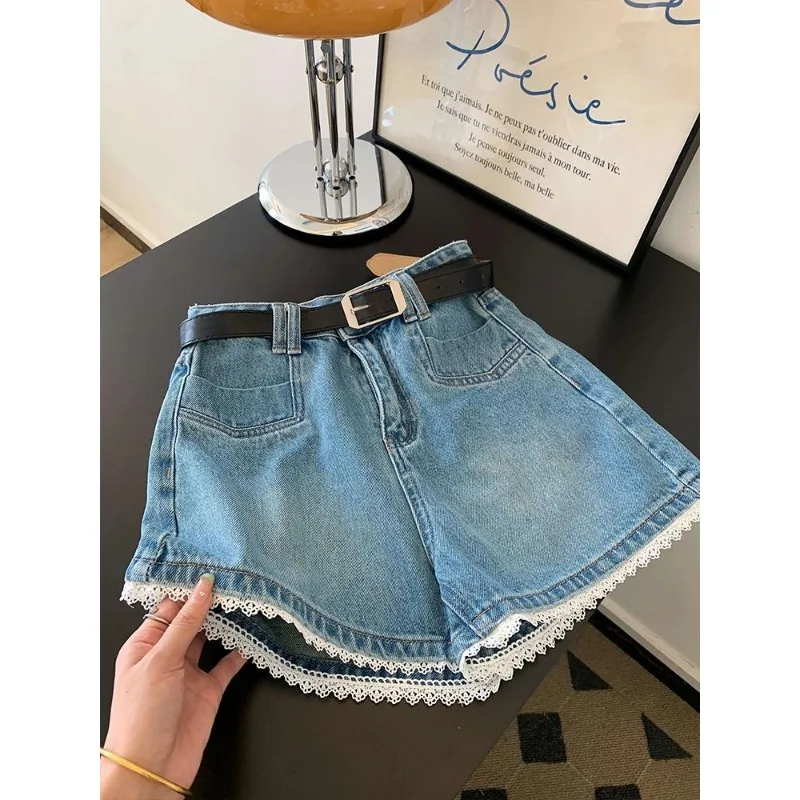 Blue Lace High Waist Denim Shorts for Women Summer New Large Size Casual Loose Wide Leg A-line Pants