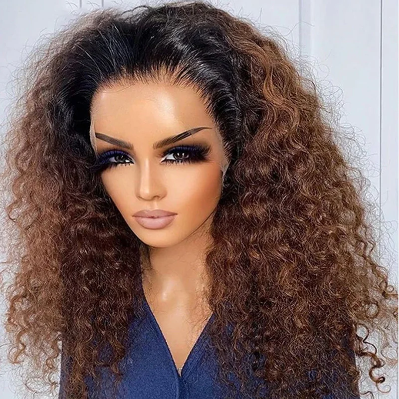 Ombre Brown Color Soft 26“Long Kinky Curly 180Density Lace Front Wig Synthetic For Women High Temperature Glueless Daily