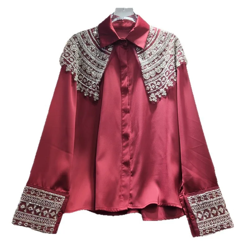 SuperAen 2026 Herfst Nieuwe Lovertjes Geborduurde Flares Sjaal Cape Patchwork Ontwerp Shirt Fashion Casual Losse Shirts