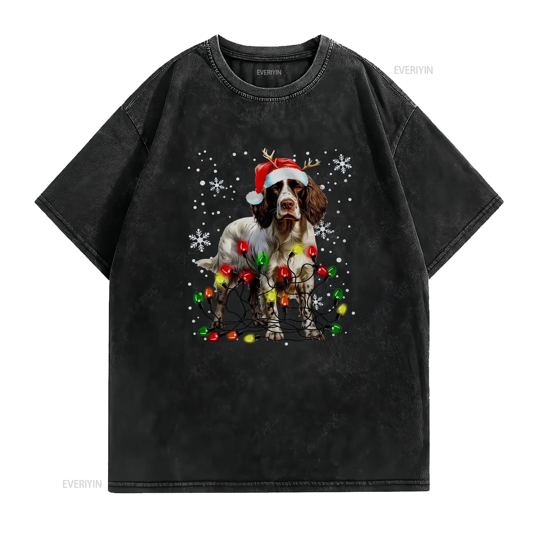 Xmas Lighting Santa English Springer Spaniel Dog Christmas T Shirt vintage Washed fashion Stretched graphic