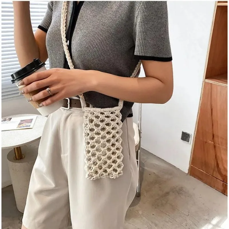 Fashionable Cross-over Bag, Personalized Colorful Versatile Cotton Thread Woven and Hollowed-out Mini Mobile Phone Bag