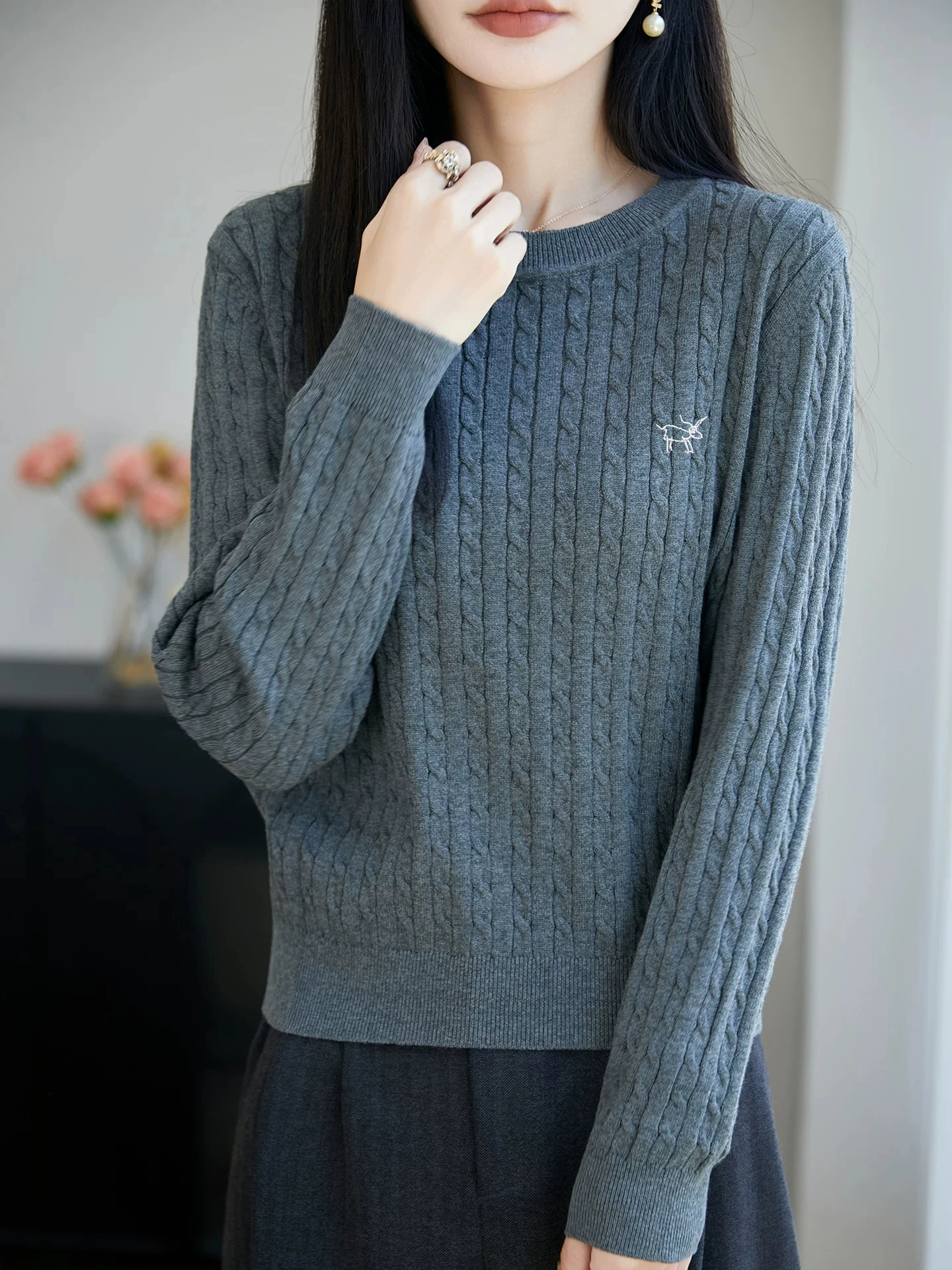 Soft Pure Cotton Knitted round Neck Embroidered Twist Base Shirt Women's Slim Fit Autumn Winter Cotton Thread Knit Top