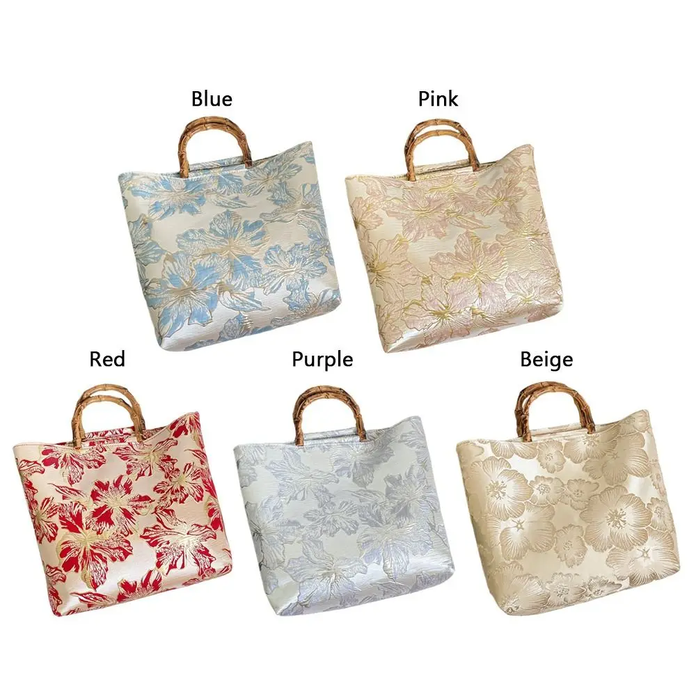 Bamboo Joint Canvas Tote Bag Large Capacity Zipper Closure Jacquard Handbag Embroidered Design Flower Pattern Evening Bag