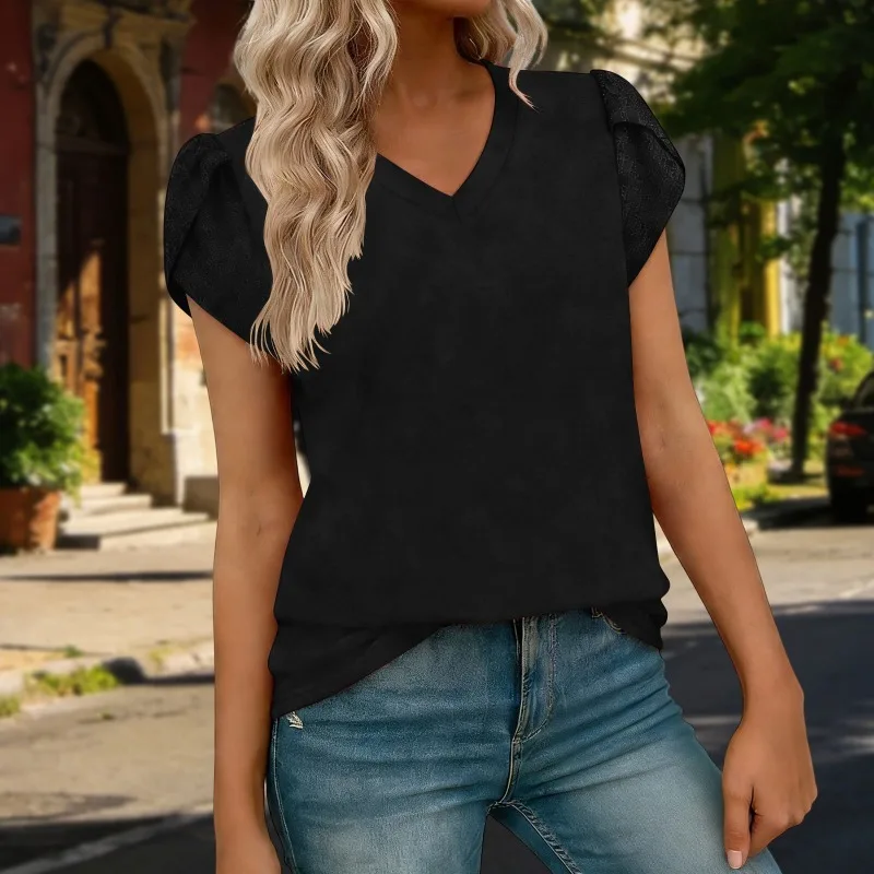 

Women Spring Summer Lace Trim T-shirt Fashion Puff Sleeve V Neck Lace Patchwork Casual Tee Tops Female Elegant Vintagetreetwear