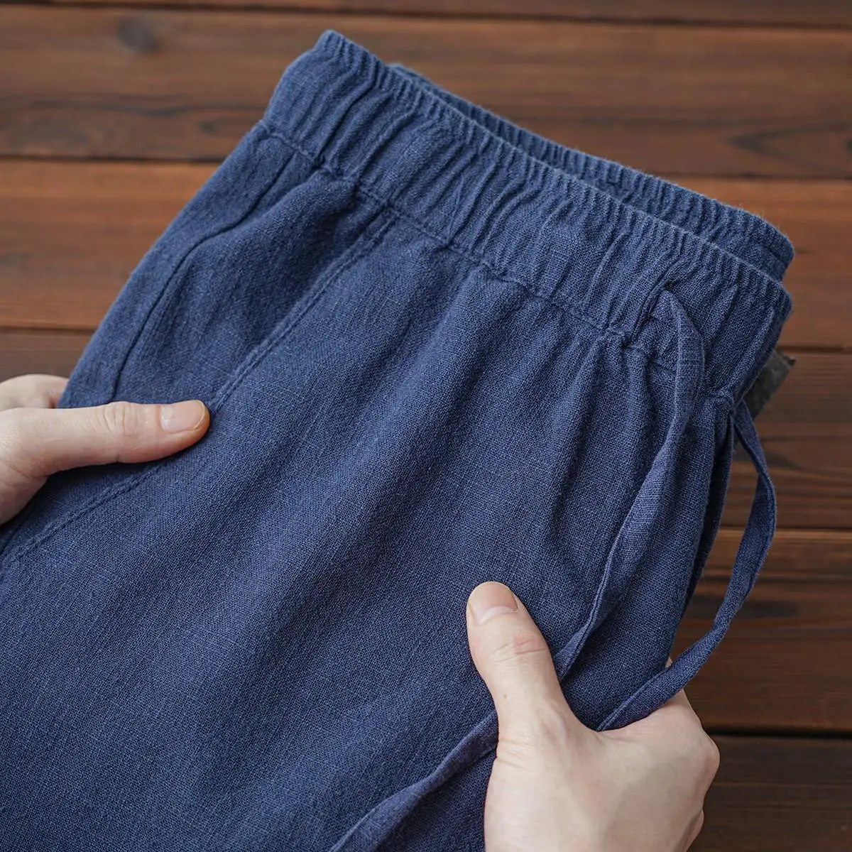 

Light Blue Summer Thin Cotton Linen Dstring Loose Straight Leg Long Pants Breathable Casual Trousers for Men