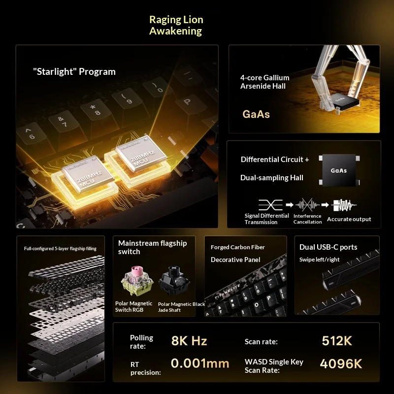 Fgg Madlions Titanelite clavier de jeu magnétique en Fiber de carbone 8k Polling 512k Scan 0.001mm Rt double Usb-C e-sports pour les joueurs