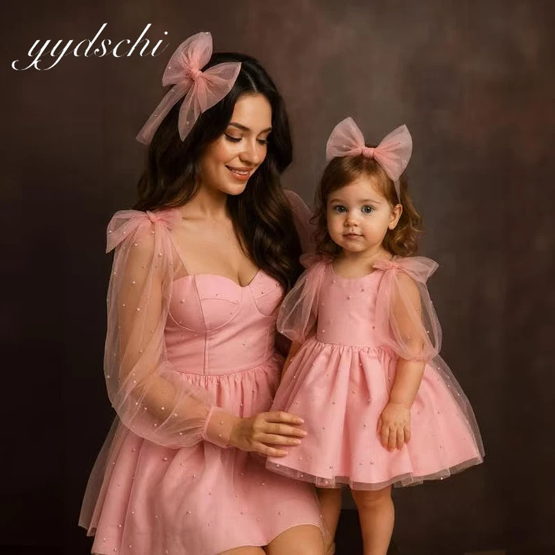 

Customized Pink New Elegant Evening Prom Dresses Mother and Daughter Long Sleeves Flower Girl Dress Princess Wedding Kid Gown