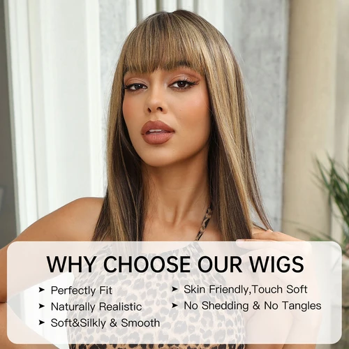Imagen 2 del producto Pelucas sintéticas rectas para mujer, cabello de longitud media mezclado con flequillo, corte Romo, marrón, cobre, Rubio, resistente al calor diario
