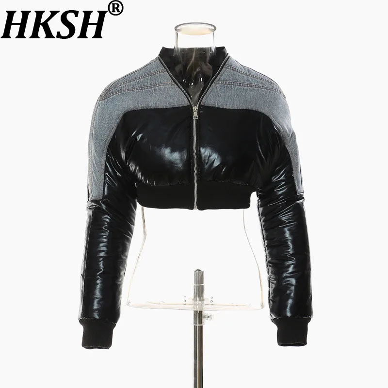 

HKSH 2025 Autumn Winter New Women's Short Padded Coat Denim Patchwork PU Leather Color Block Y2K Tide Ins Puffer Jackets HK14886