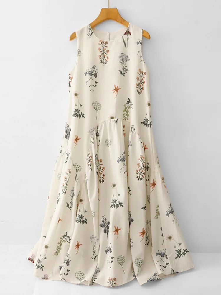 เสื้อกั๊กลายดอกไม้สไตล์เรโทร ดีไซน์ใหม่สำหรับฤดูร้อน กระโปรงมิดิลายดอกไม้ผ้าฝ้ายผสม