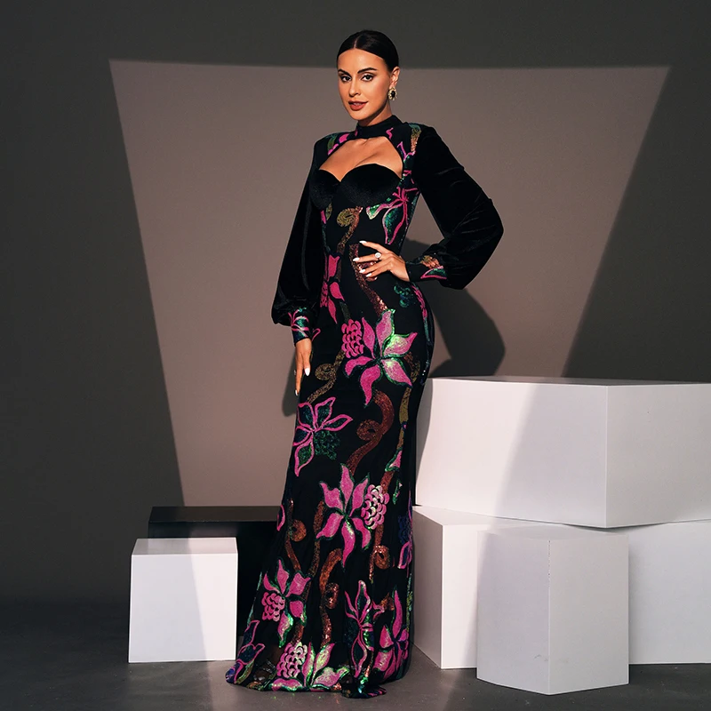 فستان نسائي أنيق بأكمام فانوس فستان طويل ، زهرة مقطوعة ، مطرز ، الكوكتيل للسيدات ، حفلة موسيقية ، حفلة مسائية ، طويلة ، جديدة ،