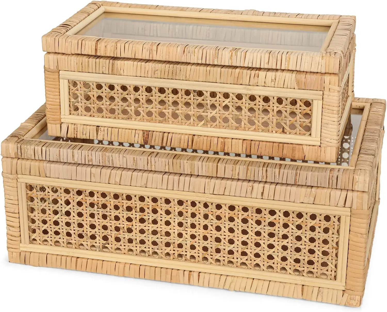 

Large Handwoven Rattan Boxes with Glass Lids - Set of 2 Rectangular Storage Bins - Natural Woven Cane Home Decor Organizers