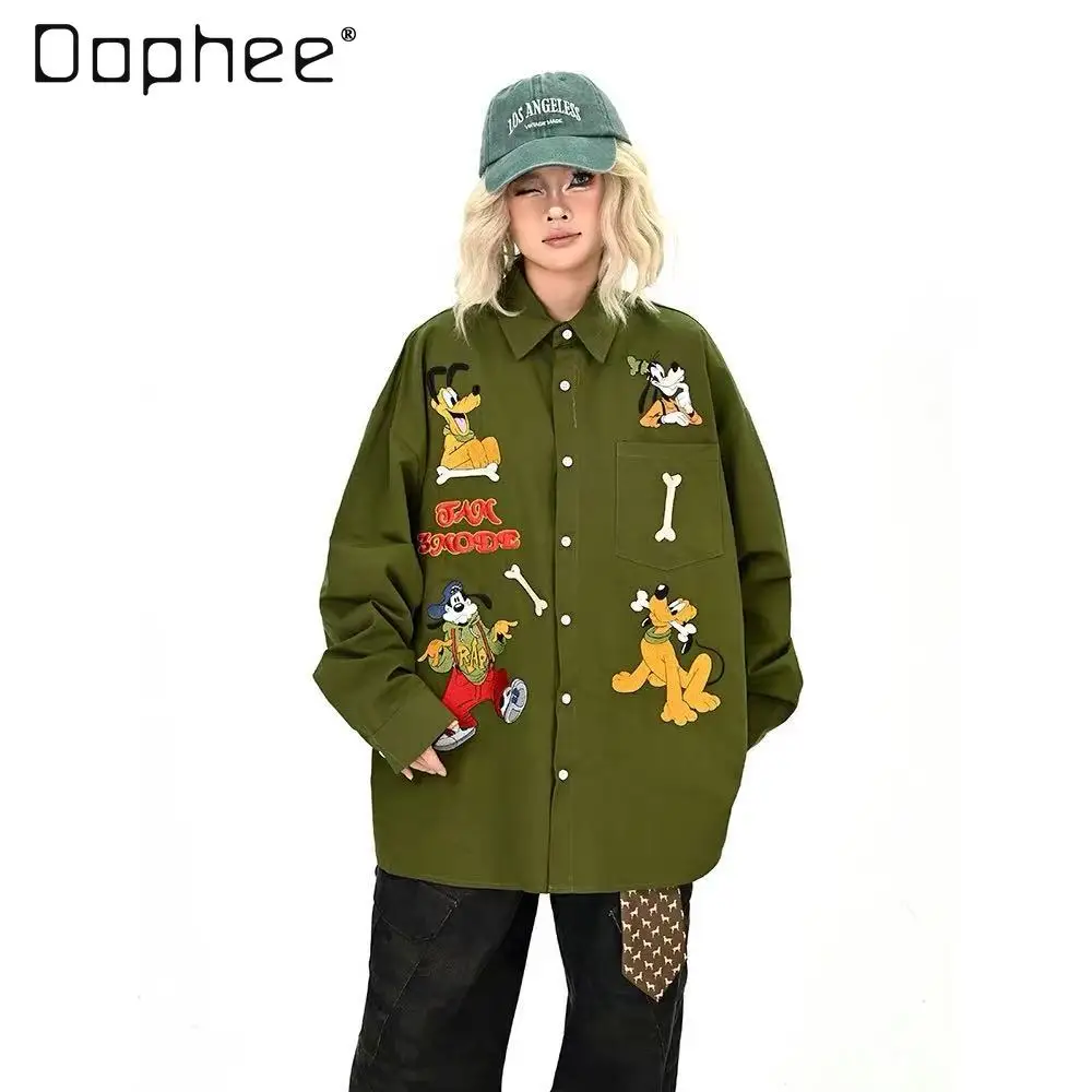 

Autumn American Retro Cartoon Embroidery Long Sleeve Shirt Unisex Trendy Green Loose Mid-length Design Couple Shirt Jacket