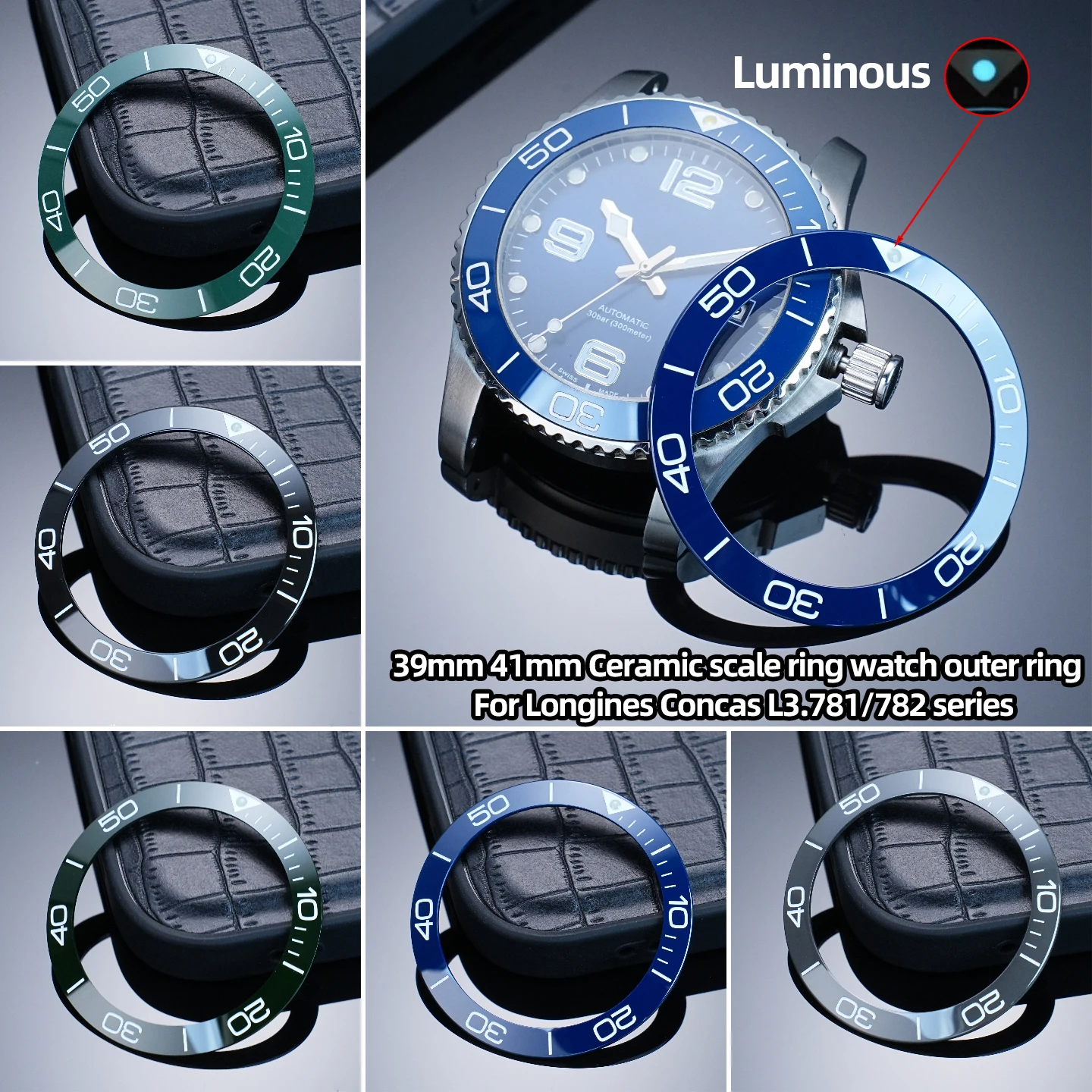 39/41mm Ceramic scale ring watch outer ring accessories For Longines Concas L3.781/782 series Luminous Ceramic Bezel Insert Dial