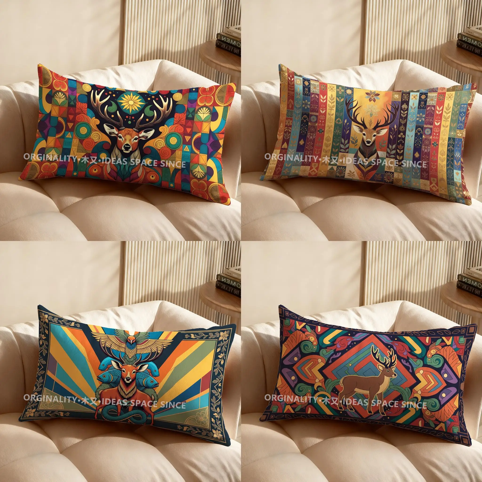 2D Colorful Deer Pattern Throw Pillow Suitable For Sofa Bedroom Car Pillow Cover Cushion Rectangular Back Cushion