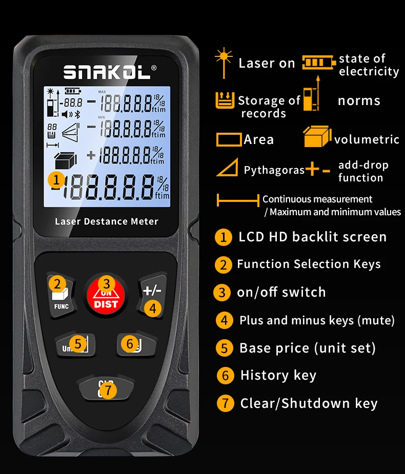 SNAKOL SK-120 Laser-Entfernungsmesser, 50/70/100/120 m hochpräziser Entfernungsmesser, IP54 wasserdichtes digitales Messwerkzeug – Detail 17