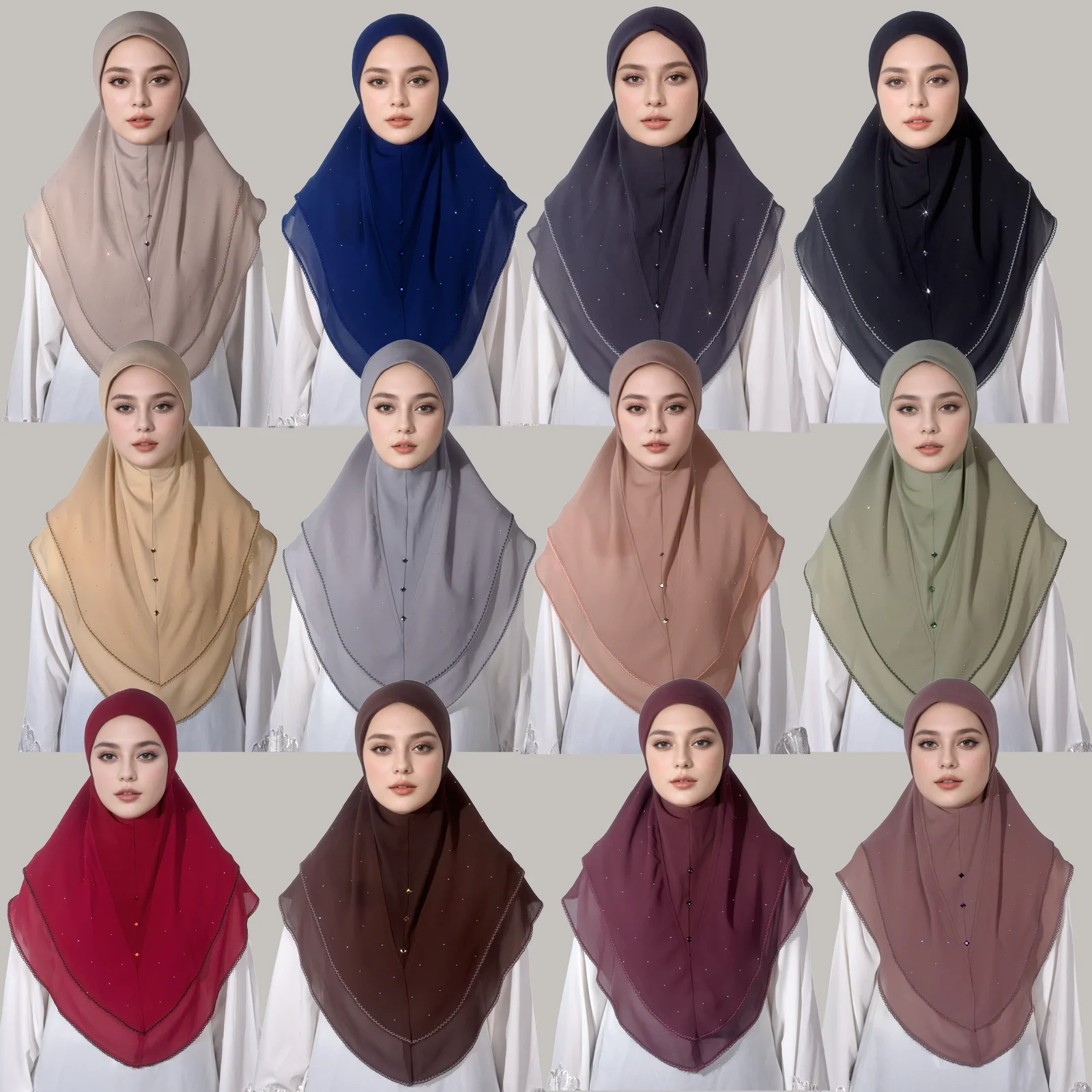 1Pc Muslim Women's Instant Hijab, Double-Layer Chiffon Splicing Design + Diamond-Studded Starry Pattern, Elegant, Casual, Fashionable, and Beautiful, Convenient to Wear, Suitable for Occasions Such as Ramadan and Eid Gifts.