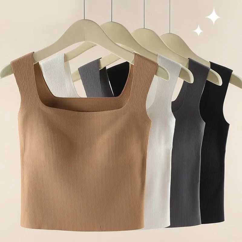 Nude Wide Shoulder Camisole Square Neck Beautiful Back Threaded Vest Women's Seamless One-piece Fixed Cup Casual Solid Tops