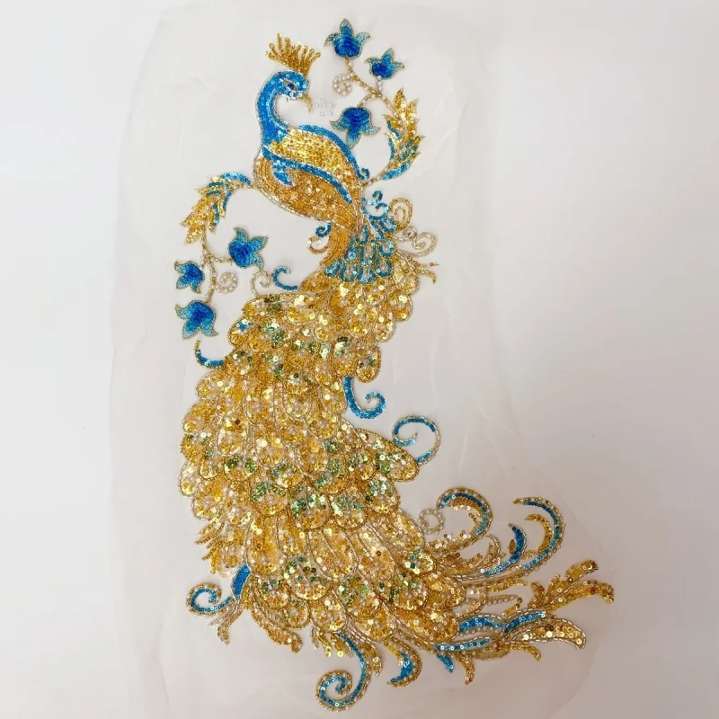 Luxury Champagne Red Sequin Bead Peacock Performance Costume Lace Applique Set
