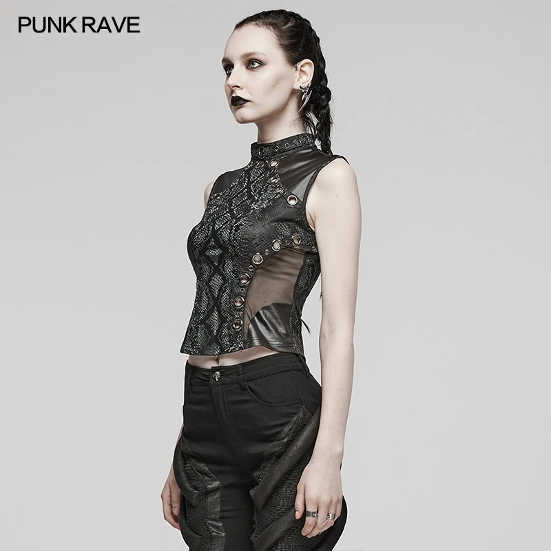 PUNK RAVE Women's Punk Top, Black Polyester Elastane Snake Print Mesh Sleeveless High Neck Top WT849