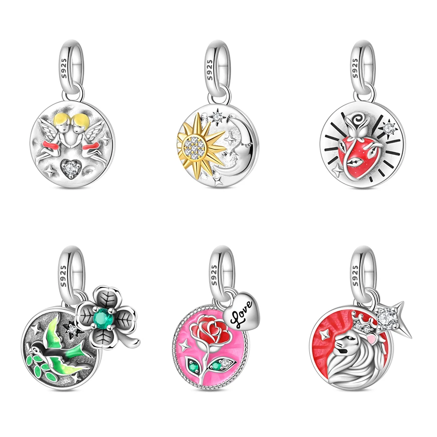 Charms 925 Silver Rose Star and Moon Amulet Pendant Swallow Lion Beads Fit Pandach 925 Original Bracelets Fine DIY Jewelry