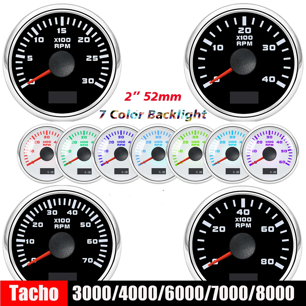 

Custom Tachometer 3000/4000/6000/7000/8000 RPM for Car Marine Boat Yacht RV 7Colors Backlight Hour Counter 12V 24V Waterproof