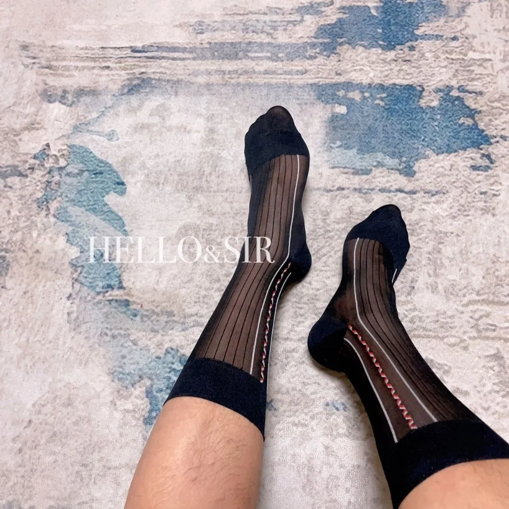 2024 Black Nylon Stockings for Men Fashion Business Formal TNT Dress Tube Socks Sexy Thin Elastic Jacquard Striped Sheer Socks