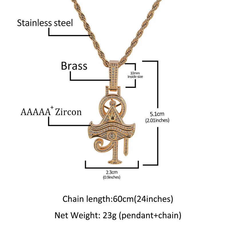 Hip Hop 5A+ CZ Stone Paved Bling Iced Out Pyramid Eye of Horus Pendants Necklace for Men Rapper Jewelry Gold Silver Color