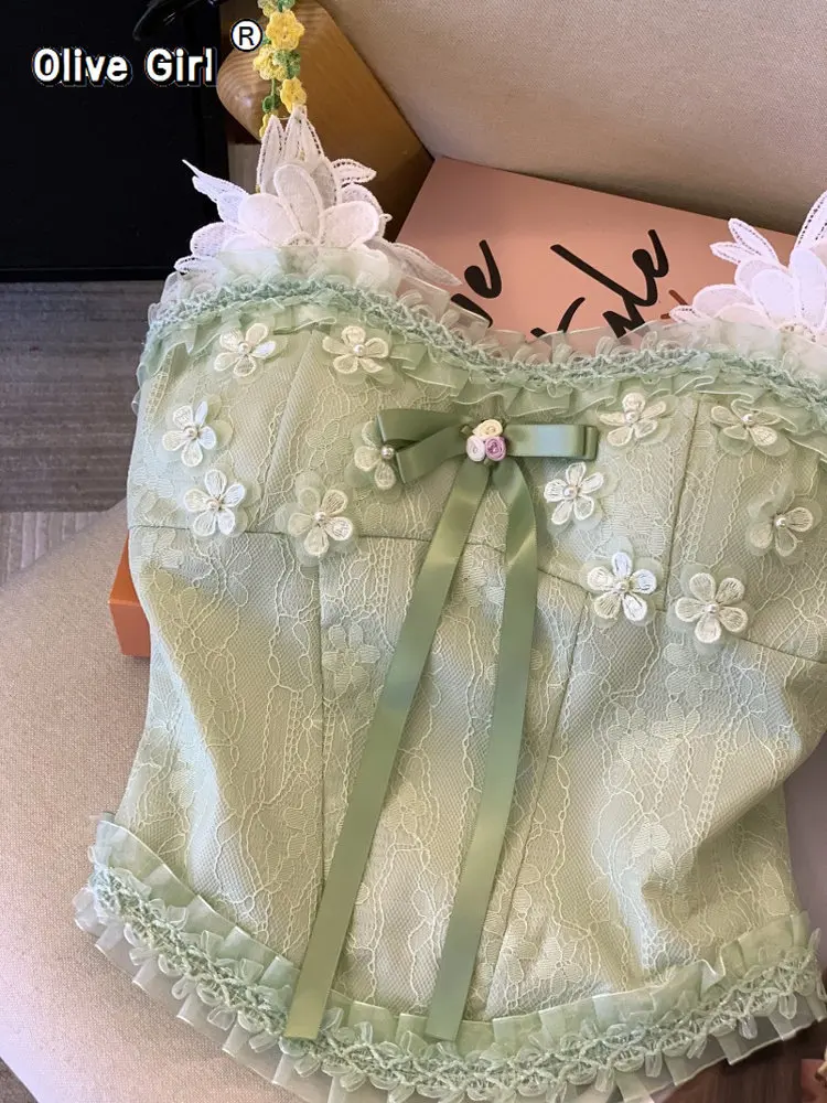 Olivegirl Green 3D Flower Lace Camisole Vest Chic Women's Tanks Summer Bow Wrapped Chest Pure Desire Chest Cushion Small Top