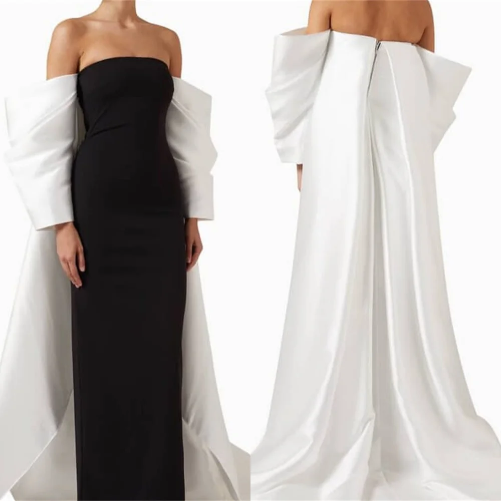 

Customized Exquisite Black Jersey Evening Dress Formal Strapless Cap Sleeve Long Sleeves Party Dress Soft Zipper Back Prom Dress