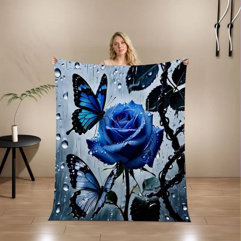 Purple Blue Red Rose Sunflower Butterfly Flannel Throw Blanket Floral Print Soft Warm Air Condition Blanket Sofa Bed Decor