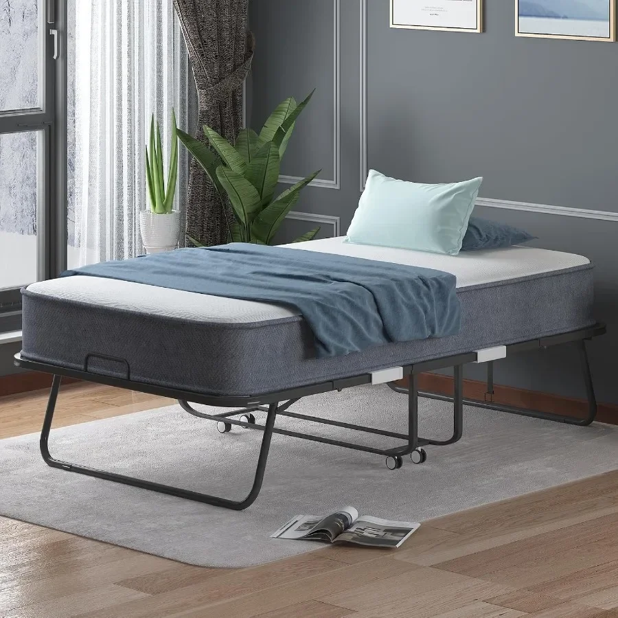 BALUS Folding Bed with Mattress, 75x51 Rollaway Bed with Locking Casters and 5 Rebound Mattress, Metal Folding Frame for Storag