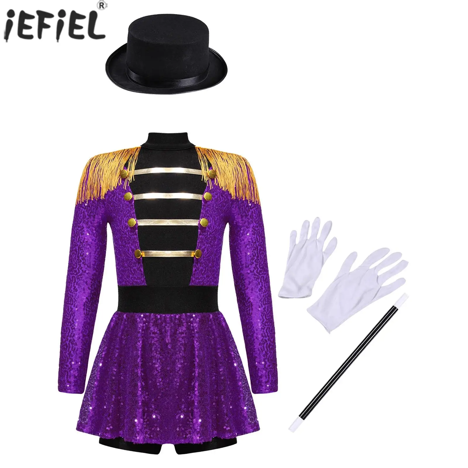 

Kids Girls Halloween Circus Ringmaster Magician Costume Carnival Party Lion Tamer Cosplay Long Sleeve Sequins Leotard Dress Tutu
