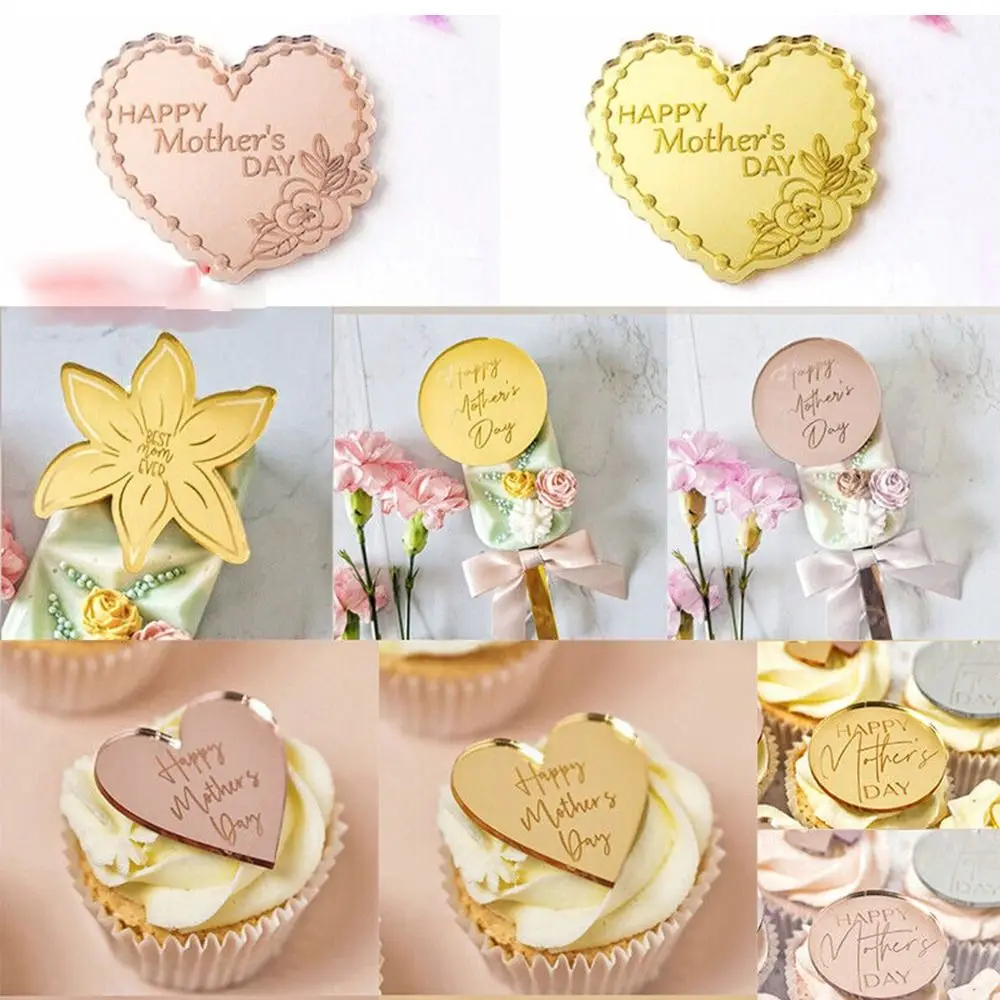 Gold Heart Happy Mothers Day Cupcake Discs Gift Tags Love Round Mothers Day Cake Toppers Dessert Cake Decorations Circle