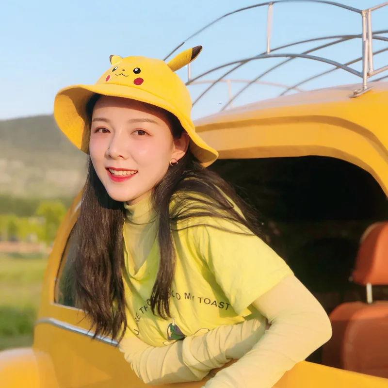 Anime Pikachu Bucket Hat Sun Hat with Ear Cute Cartoon Wide Brim Fisherman Beach Outdoor Baseball Hat Cap for Adult Kids Child