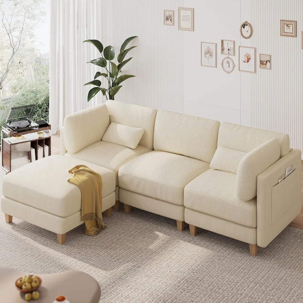 

91.1" Modern L-Shaped Sectional Sofa for Living Room, 3-Seater Comfy Couch with Deep Seat and Movable Ottoman, Corduroy Upholst