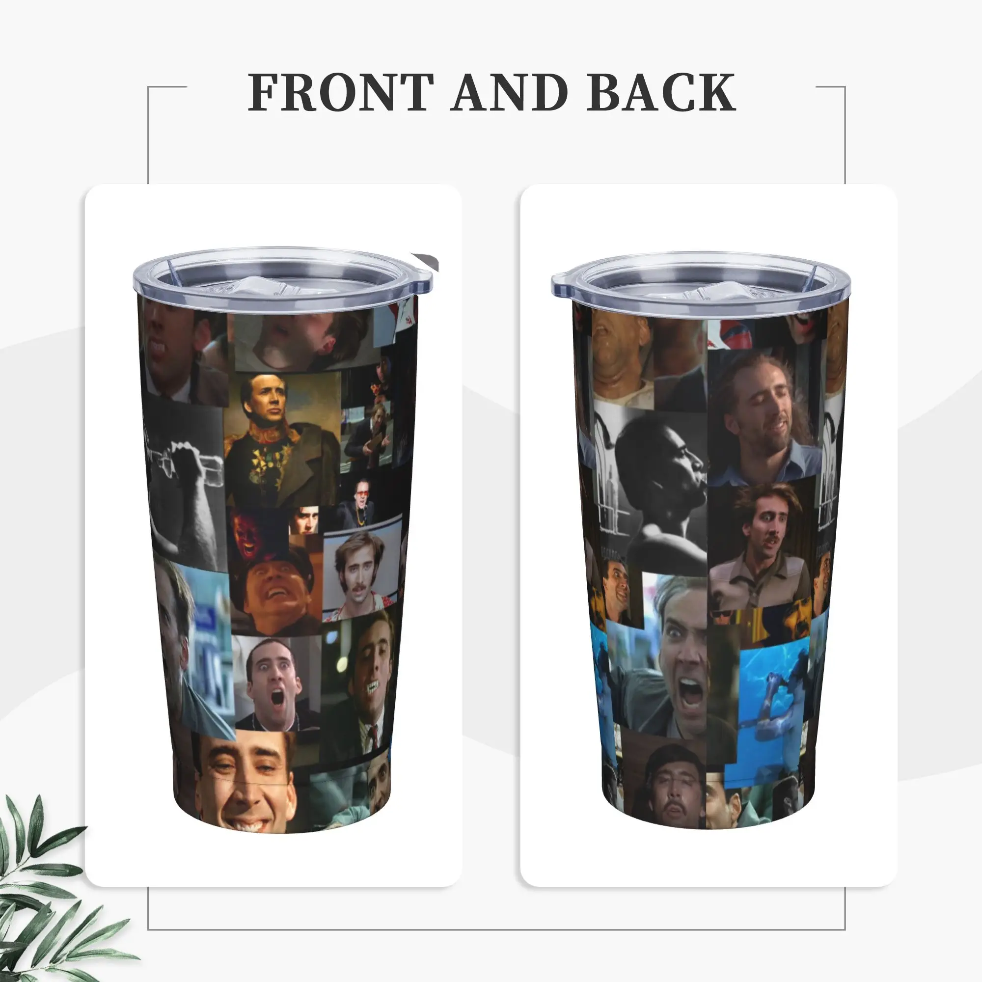 Kotak Tipis Koyo Triplek Insulated Tumbler with Straws Lid Nicolas Cage Face Stainless Steel Coffee Mugs Car Bottle Cups, 20oz