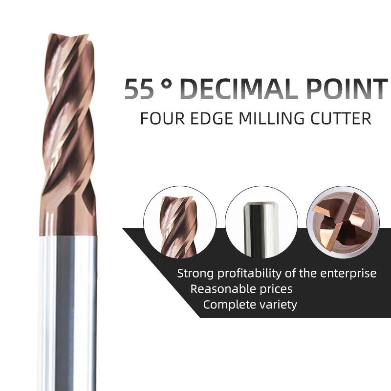 HRC55 Decimal Point Alloy Tungsten Carbide Milling Carbide End Mill Cutter 4 Flute CNC Machining End Mill