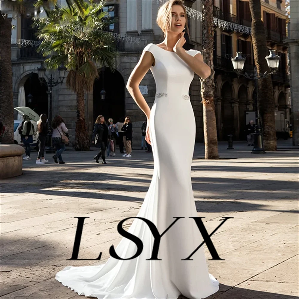 LSYX Cap Sleeves Simple O Neck Mermaid Wedding Dress For Women Lace Crepe Open Back Floor Length Bridal Gown Custom Made