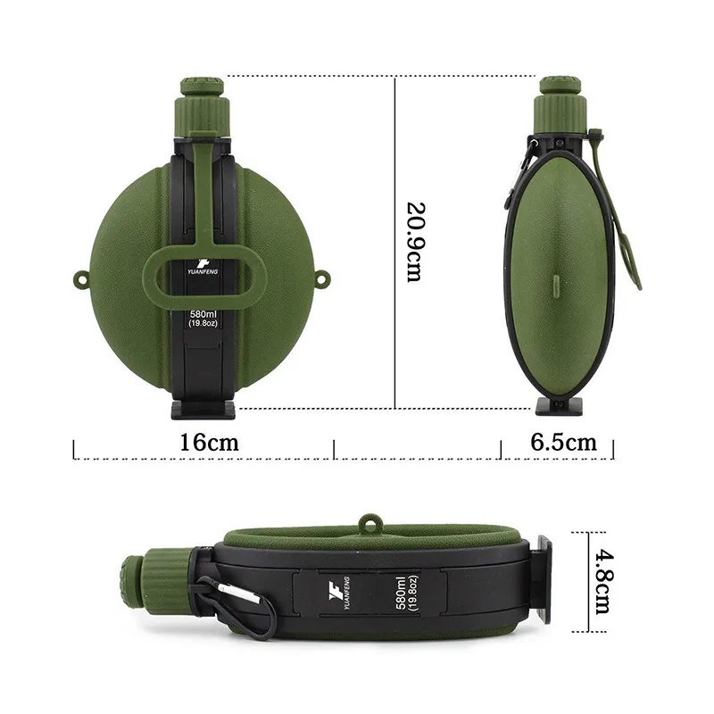 Collapsible Military Water Bottle FDA Food Grade Silicone Water Kettle Canteen with Compass Bottle Cap for Hiking Camping