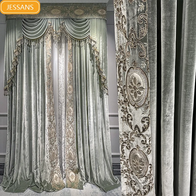 

Court Romantic Style Grey Green Velvet Embroidered Curtains for Bedroom Living Room High Window French Window Villa Custom