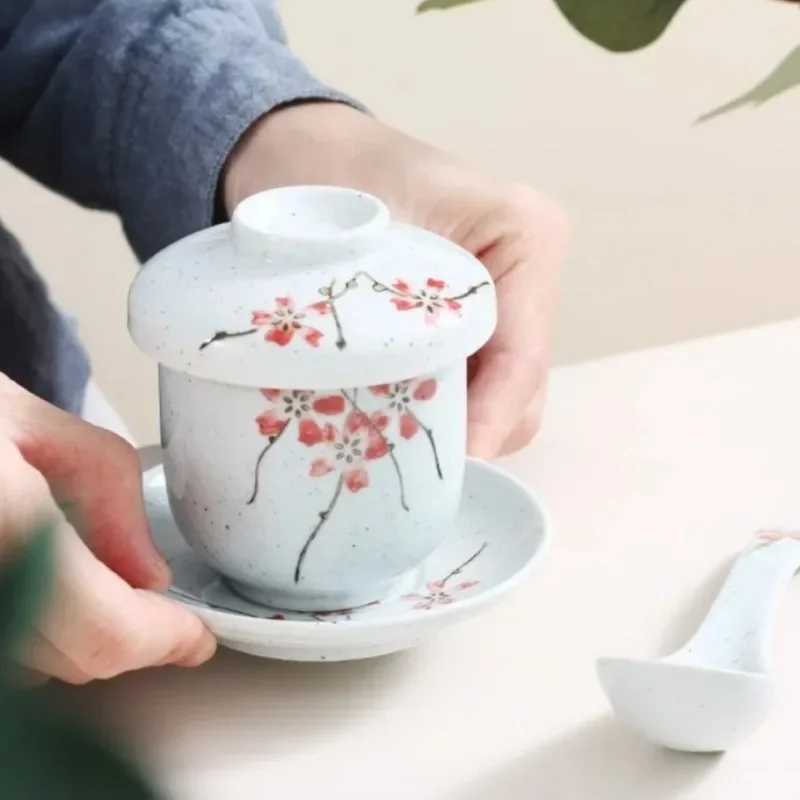 Porcelain Stew Pot Japanese Cherry Blossoms Ceramic Stew Bowl with Cover Multifunctional Steamed Egg Dessert Cup Snack Plate