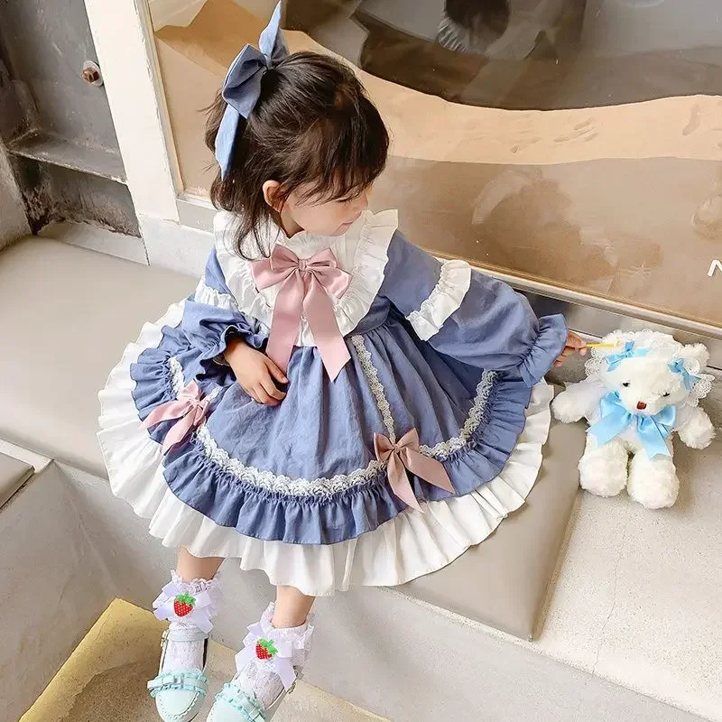 Robe Lolita à volants avec nœud bleu mignon pour filles, tenue Kawaii pour enfants, robe de princesse d'anniversaire, bébé doux, printemps, automne, 2-7 ans, 2023