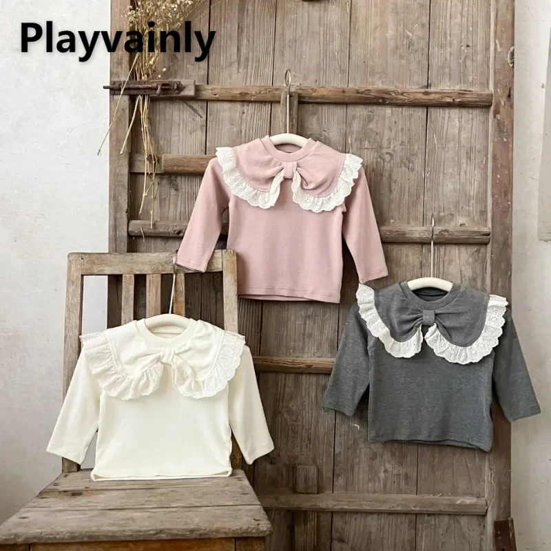 New Spring Autumn Kids Girl T-shirt Lace Collar Pure Cotton Gray Pink Apricot Solid Color Long Sleeves Tee Doll Shirt Top H2428