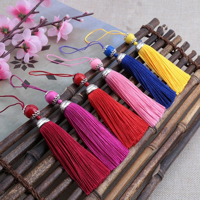 2/5Pcs 8CM Silk Tassel with Acrylic Beads Fringe Brush Tassels Trim Pendant for Crafts DIY Jewelry Finding Key Chain Accessories