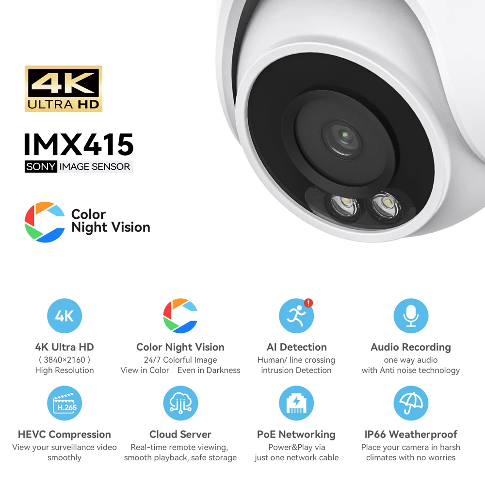 H.VIEW Full Color Night Vision 4K Ip Camera poe 8MP Cctv Security Cameras 6Mp Dome Audio Video Surveillance for NVR System